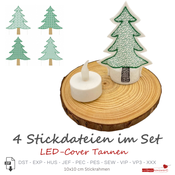4 ITH-Stickdateien LED-Teelicht-Cover für 10 x 10 cm Stickrahmen 4 Tannen Set Nr. 2